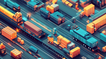 A bustling logistics hub features trucks and train cars moving various cargo containers during the day. The layout is vibrant and organized, highlighting transportation efficiency.の素材