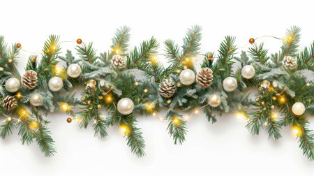 A white background with a Christmas tree with lights and pine conesの素材