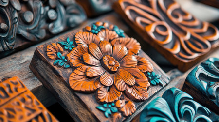 Hand-carved wooden stamps showcasing detailed floral patterns and vibrant colors are arranged artistically on a wooden surface, illuminated by warm sunlight.の素材