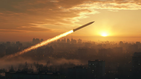 A rocket ascends into the sky, leaving a trail of smoke, as the sun sets behind a city skyline enveloped by mist. The urban landscape contrasts with the dynamic launch.の素材