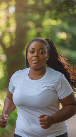 A woman running in a park with a ponytail. She is wearing a white shirt and she is focused on her runの素材