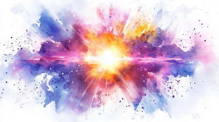 A vibrant burst of light and color emanates from the center, surrounded by splashes of blue, purple, and orange, evoking a sense of cosmic energy and movement.の素材