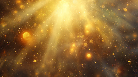 A brilliant burst of golden light radiates through dark space, revealing swirling particles and celestial bodies that enhance the enchanting cosmic ambiance.の素材