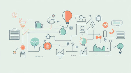 This artwork showcases an intricate design featuring icons related to nature, technology, and communication. Various symbols are interconnected, representing diverse ideas and themes.の素材