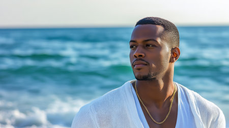 A young man stands by the shore, looking out at the ocean horizon with a contemplative expression. He wears a light sweater and a gold chain, enjoying the warm weather.の素材