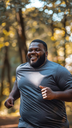 A man is running in a forest and is smiling. Scene is happy and energeticの素材