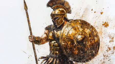 The warrior in golden armor stands ready for combat, gripping a spear firmly in one hand and a large shield in the other, exuding a sense of power and determination amid an artistic backdrop.の素材