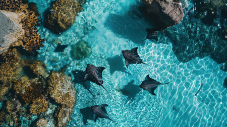 Stingrays and sharks glide effortlessly above vibrant coral reefs in the crystal-clear waters of French Polynesia, showing marine life in harmony.の素材