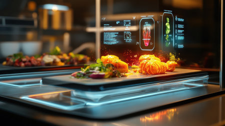 A futuristic image of food on a plate with a glowing orange chicken. The plate is on a counter in a kitchenの素材