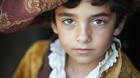 A young boy is dressed as Christopher Columbus, showcasing a realistic expression and intricate costume in a school play setting. His portrayal captures the spirit of exploration.の素材