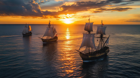 As the sun sets dramatically on the horizon, Columbus' navigate ships across the ocean, their sails illuminated by the warm glow reflecting on the water's surface.の素材