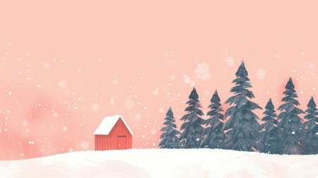 This artwork presents a minimalist holiday card design showing a serene winter landscape with a red cabin, snow-covered ground, and tall evergreen trees under a soft pastel sky.の素材