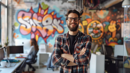 An office worker stands confidently with arms crossed, showcasing a unique style. The colorful graffiti backdrop enhances the lively atmosphere of the creative workspace.の素材