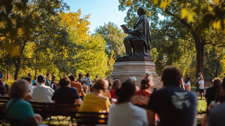 A diverse crowd listens intently to a speaker commemorating Columbus Day, with the Columbus statue prominently displayed in a sunny park filled with trees.の素材