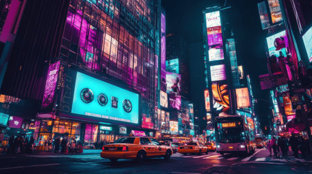 A bustling futuristic city is alive with color as a neon-lit billboard prominently presents the three rules of robotics, illuminating the streets with energy.の素材