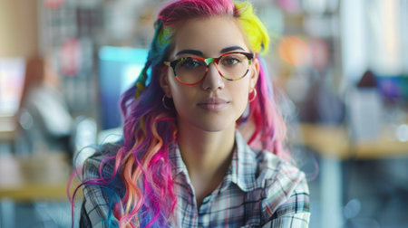 An office worker with striking rainbow-colored hair and stylish glasses confidently expresses her individuality while seated at a desk in a contemporary work environment.の素材