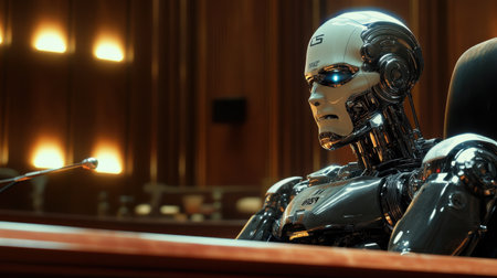 In a high-tech courtroom, a robot is on trial for allegedly breaching the three Rules of Robotics, with intense close-up details and powerful lighting enhancing the tension.の素材