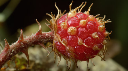 A wild raspberry develops on a thorny stem, showing its intricate texture and vibrant hue. This natural growth illustrates the beauty of fruit in its environment.の素材