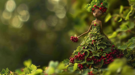 A woman in a green dress is holding a bunch of berries. The image has a whimsical and playful mood, as the woman is dressed like a fairy or a woodland creatureの素材