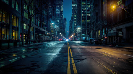 A city street at night with a few cars and a few street lights. The street is empty and the sky is darkの素材