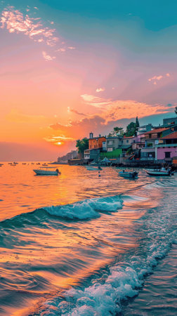 As dawn breaks over the coastal town, gentle waves lap against the shore, reflecting hues of orange and pink. Fishermen prepare their boats while the town gradually awakens.の素材