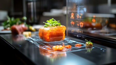 A piece of food is displayed on a table with a digital screen behind it. The food is a cube-shaped object with a green leaf on top. The digital screen behind the food displays various imagesの素材