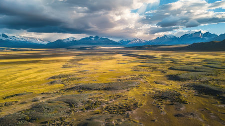 Aerial exploration reveals the breathtaking Patagonian Andes, where striking shadows and vibrant textures blend beautifully in twilight. The rugged mountains define this serene yet dramatic landscape.の素材