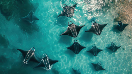 A group of manta rays are swimming in the ocean, creating a beautiful and tranquil scene. The water is clear and blue, and the rays are of various sizes and shapesの素材
