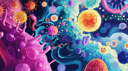 The illustration showcases a protein traveling through a lively cell, engaging with other cellular elements amidst a backdrop of vivid colors and friendly interactions.の素材