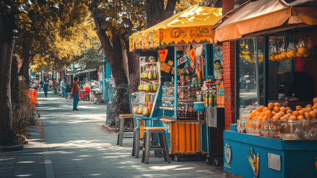 A lively urban sidewalk features a small pop-up stand selling exotic drinks, where cheerful vendors engage with customers. The atmosphere is vibrant and inviting.の素材