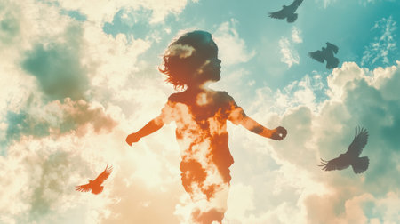 A young child with a dreamy expression appears to fly amongst fluffy clouds and playful birds, embracing the freedom of flight in a fantastical landscape.の素材