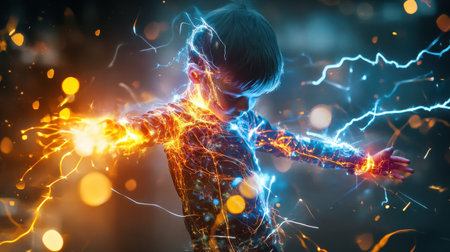 A child radiates energy as they generate electricity, surrounded by bright sparks and glowing orbs of light, creating a captivating and energizing atmosphere.の素材