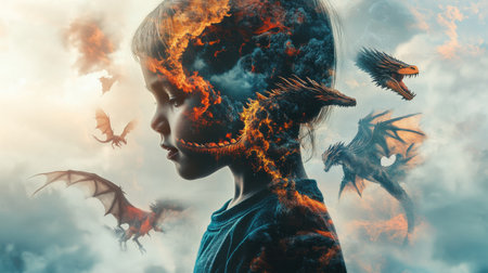 A child stands thoughtfully, their silhouette intricately filled with swirling dragons and mystical beings, embodying the power of imagination in a vibrant dreamscape.の素材