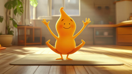 In a bright and cheerful indoor environment, a playful protein character performs yoga, promoting proper folding and stability with a joyful expression and open arms.の素材