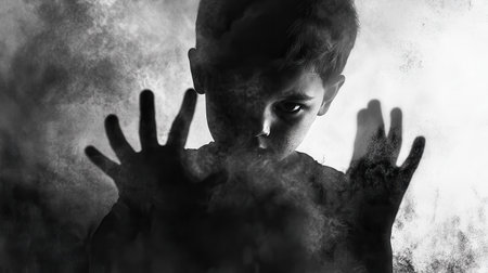 A child with an uncanny creates ability shadowy figures and dark shapes, merging effortlessly into a mystical, eerie ambiance that captivates viewers.の素材