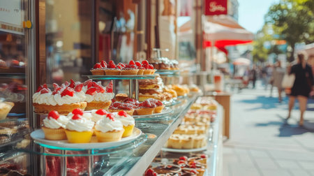 The warm, sunny day brings people to a bustling sidewalk cafe, where an array of exotic desserts and pastries entice customers with their colorful presentation and delicious appeal.の素材