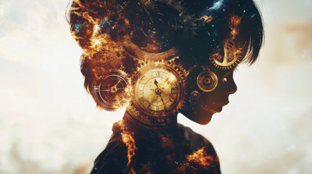 The artwork depicts a child whose silhouette is infused with intricate clock gears and swirling galaxies, symbolizing their extraordinary ability to manipulate time.の素材
