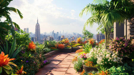 The rooftop garden boasts a rich array of exotic plants and colorful flowers beneath a clear blue sky, offering a serene escape amidst the bustling city backdrop.の素材