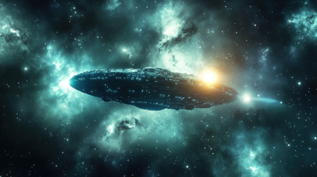 A glowing, unidentified object wanders through the depths of space, sending out unusual signals while illuminating the dark cosmos with its ethereal light.の素材