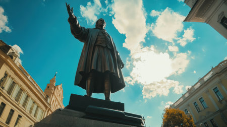 Visitors gather around the striking statue of Christopher Columbus, showcased from a low angle against a bright blue sky with fluffy clouds, emphasizing the monument's historical importance.の素材