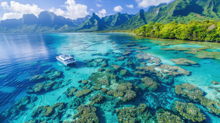 A boat is floating on the ocean near a coral reef. The water is clear and blue, and the boat is white. The scene is peaceful and serene, with the boat and the ocean creating a sense of calmnessの素材