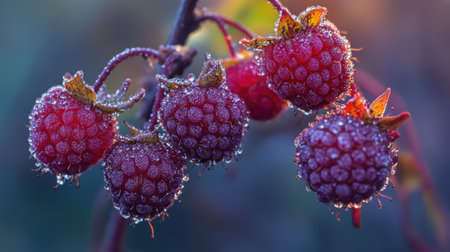 A close up of a bunch of raspberries with dew on them. The raspberries are red and shiny, and they are hanging from a branch. The image has a serene and peaceful moodの素材