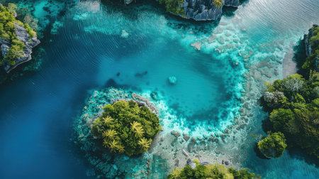 A beautiful blue ocean with a small island in the middle. The island is surrounded by trees and the water is calmの素材