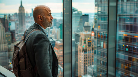 A man wearing a gray jacket and a backpack is looking out of a window at the city. Concept of loneliness and contemplation, as the man stands alone in the bustling cityの素材