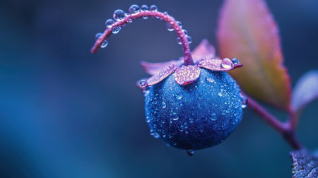 A blue flower with droplets of water on it. The droplets are small and scattered, giving the flower a delicate and serene appearanceの素材