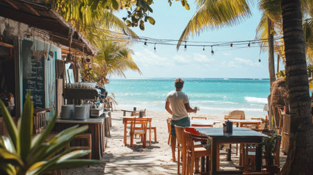 A man is standing on a beach near a restaurant. The restaurant has tables and chairs, and there are palm trees in the background. The man is holding a drink, and the scene has a relaxedの素材