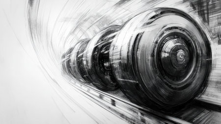 A train with a blurry background and a blurry train in the foreground. The train is black and whiteの素材