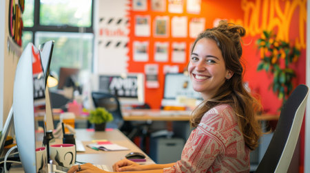 An enthusiastic office worker at a marketing agency engages with her tasks at a desk, surrounded by a lively workspace and bright colors that inspire creativity.の素材