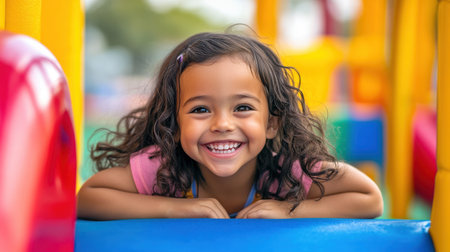 A young girl is smiling and laying on a blue and red playground structure. The playground is colorful and has a fun atmosphereの素材