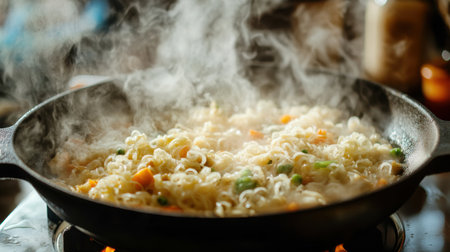 A skillet filled with freshly cooked noodles adorned with vibrant vegetables releases steam, showing the inviting aroma and warmth of a delectable meal ready to enjoy.の素材